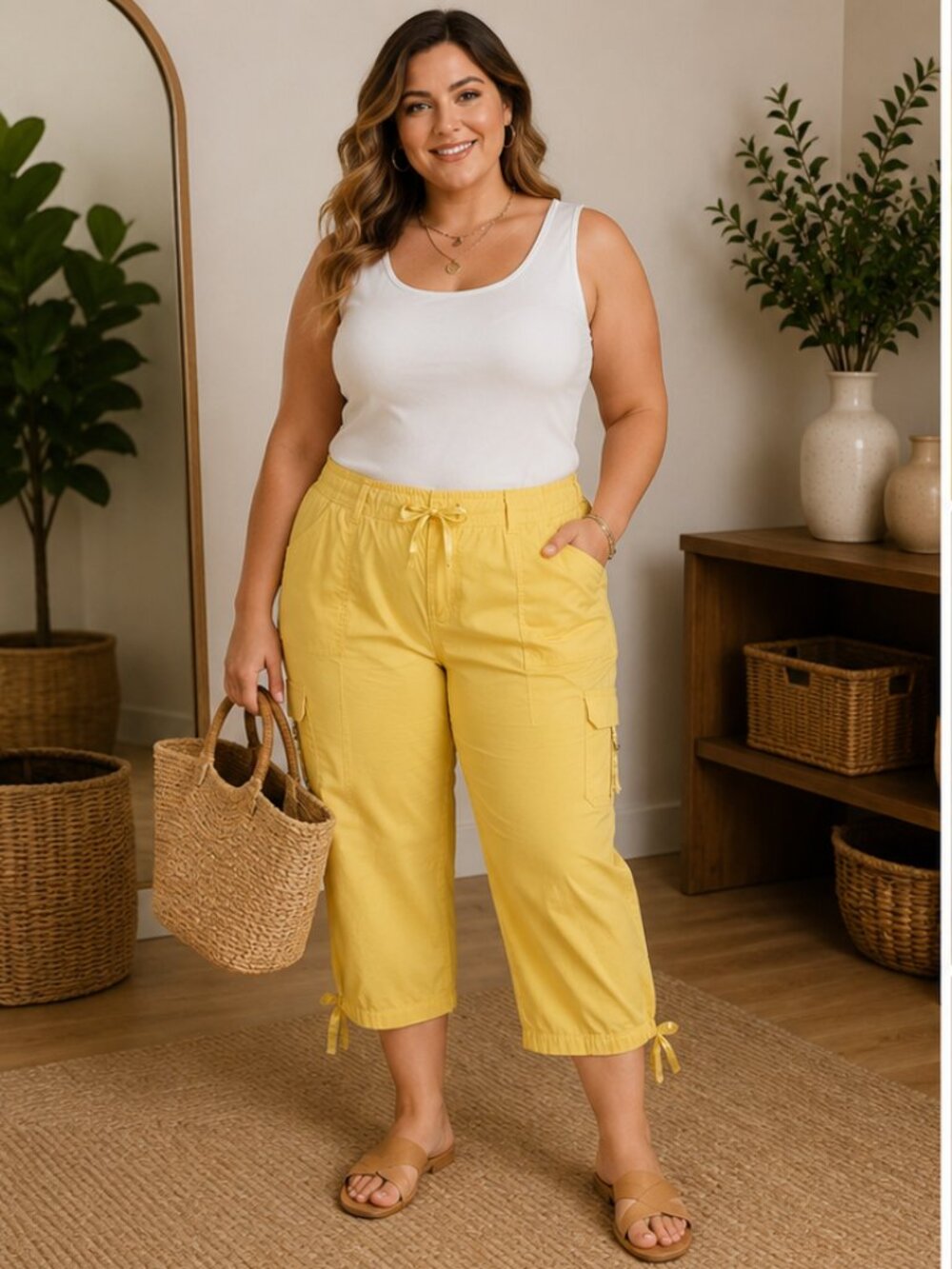 Venezia Yellow Cargo Capris | Cotton Stretch Utility Pants | Plus Size 28